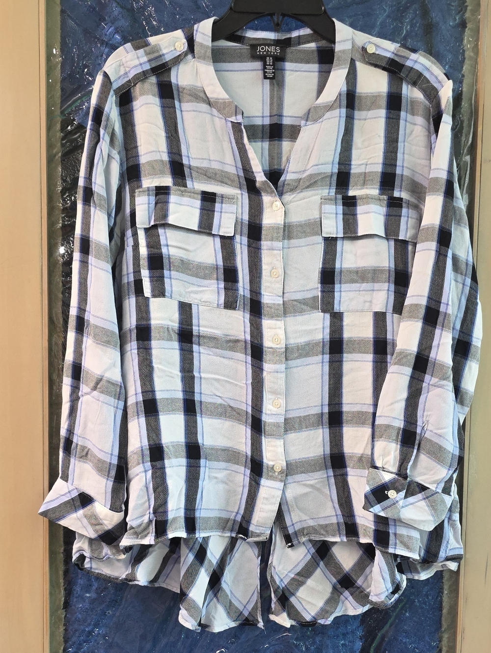 Jones New York White, Black and Light Blue Plaid Button-Front Shirt - Picture 1 of 6